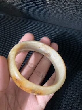Carved Cream and Amber Stone Bangle Bracelet